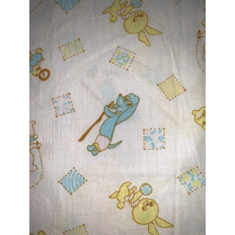 Vtg Mid Century Crib Sheet Blue Dachschund Dog Yellow Bear Bunny Fitted